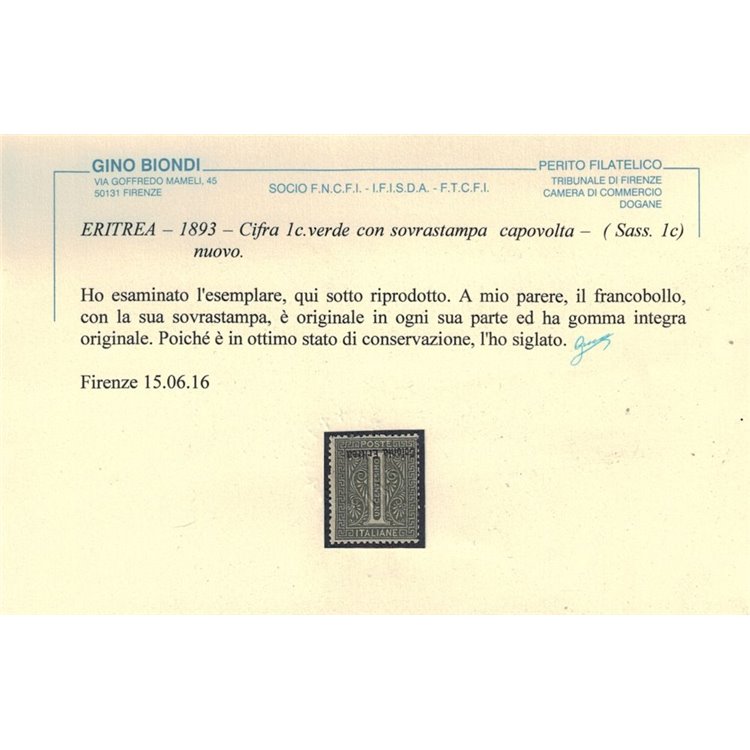COLONIE ERITREA 1893 Varietà 1c verde oliva soprast. capovolta MNH** ©