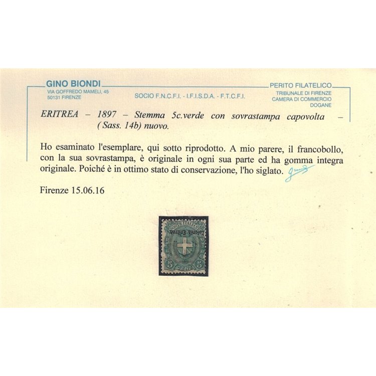COLONIE ERITREA 1895-99 Varietà 5c soprast. capovolta MNH** ©