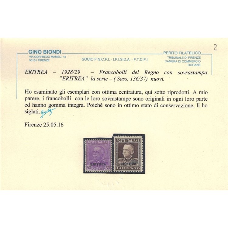COLONIE ERITREA 1928-29 Soprastampati Eritrea 2v MNH** © (Lusso)