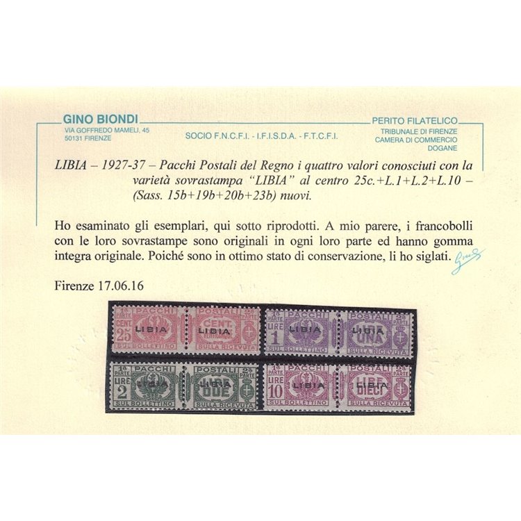 COLONIE LIBIA 1927-37 Varietà pacchi (soprast. al centro) 4v MNH** ©