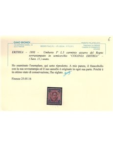 COLONIE ERITREA 1893 5₤ carminio e azzurro us ©