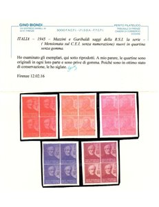 ITALIA RSI 1945 Saggi Mazzini e Garibaldi in quartina 5v MNG ©