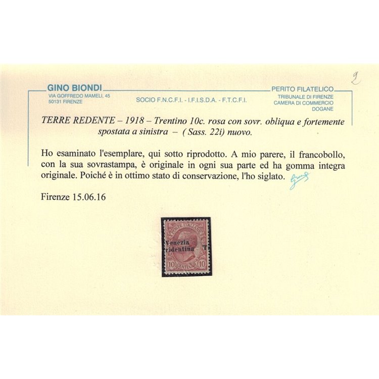 TRENTINO 1918 Varietà 10c rosa soprast. obliqua e spostata MNH** ©