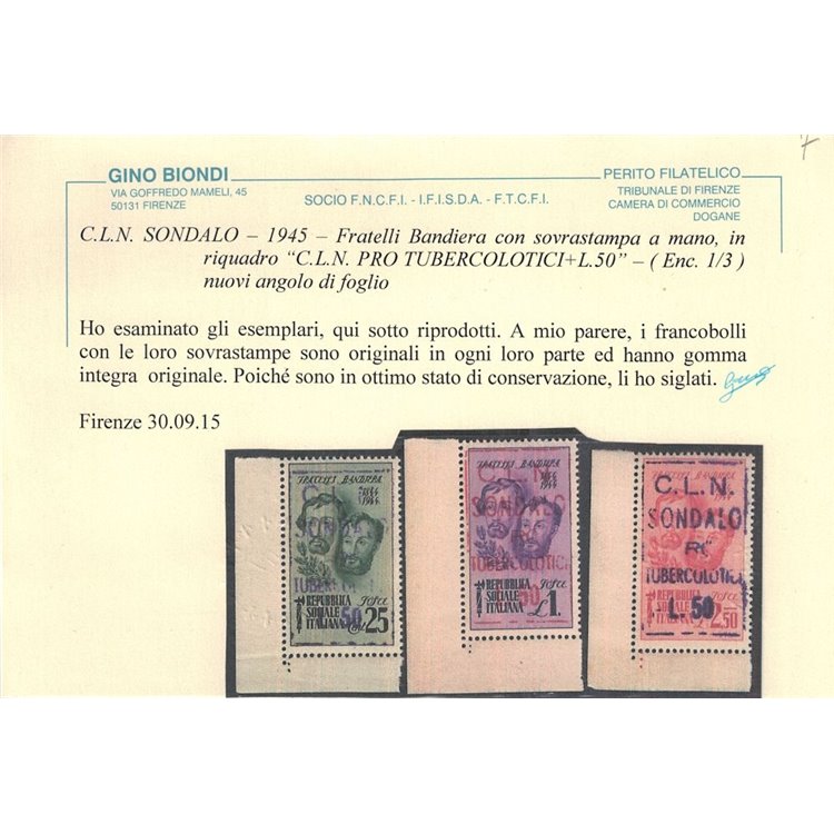 SONDALO 1945 Fratelli Bandiera soprast. a mano 3v MNH** ©