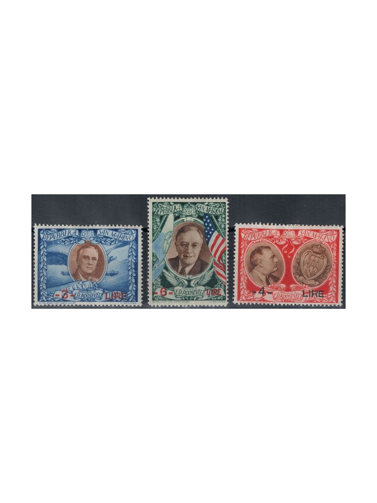SAN MARINO 1947 Roosevelt overprinted (airmail) 3v MH*