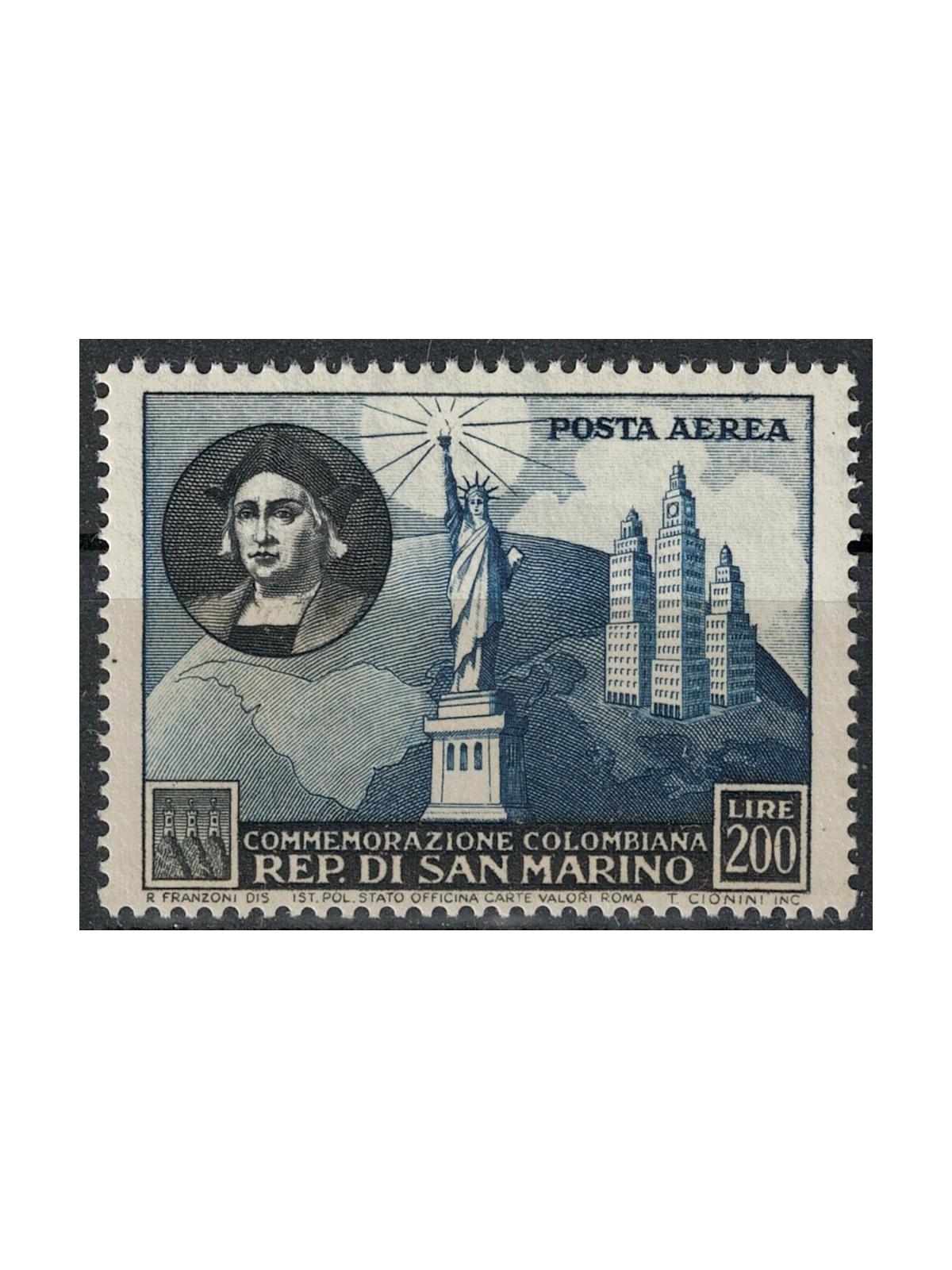SAN MARINO 1952 Cristoforo Colombo (posta aerea) MH*