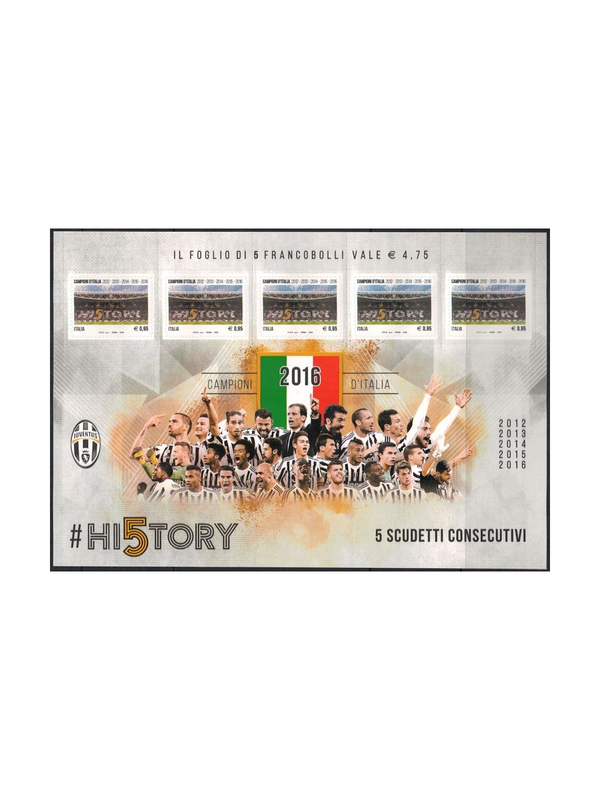 ITALY 2016 Juventus Italian Champion, Hi5tory m/s MNH**