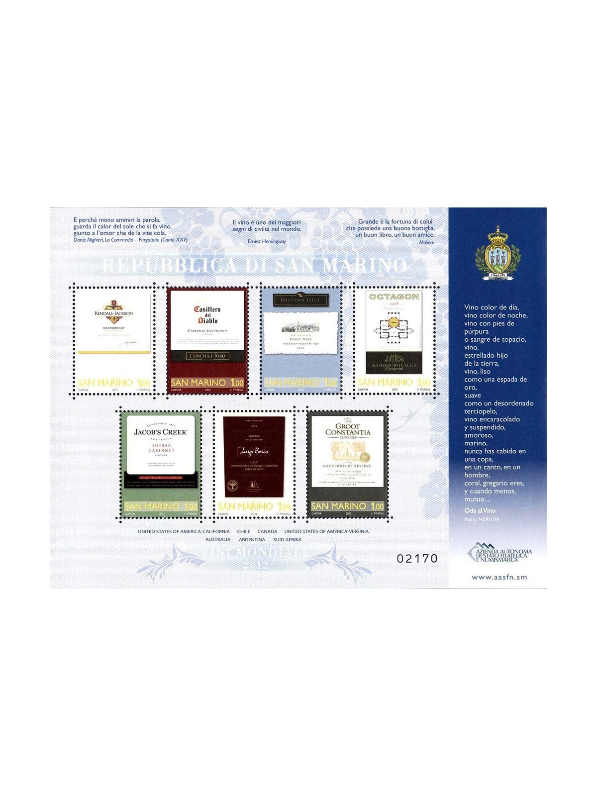SAN MARINO 2012 Wines of the World s/s MNH**