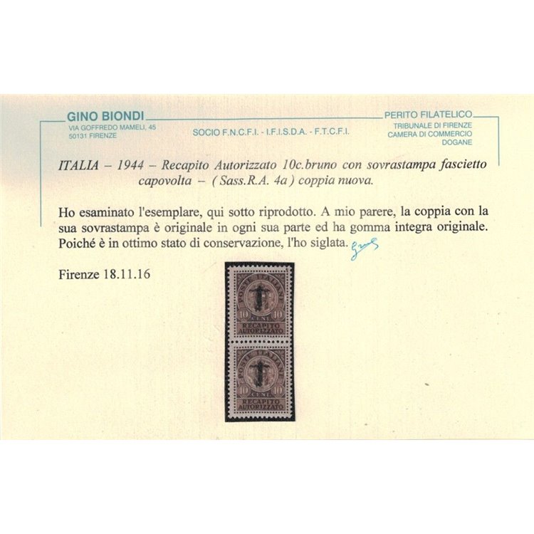ITALIA RSI 1944 Varietà Recapito autorizzato, soprast. capovolta 2v MNH** ©