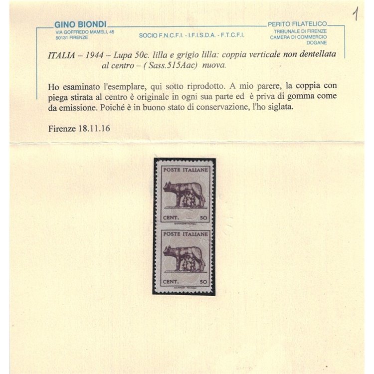 ITALIA LUOGOTENENZA 1944 Varietà Lupa Capitolina (nd al centro) 2v MNH** ©
