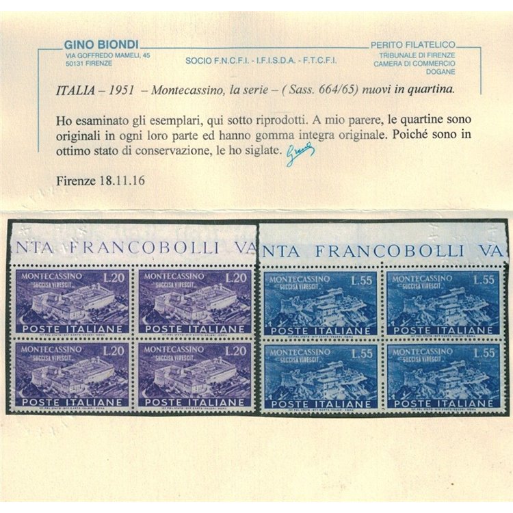 ITALIA 1951 Abbazia di Montecassino (in quartina) 2v MNH** ©