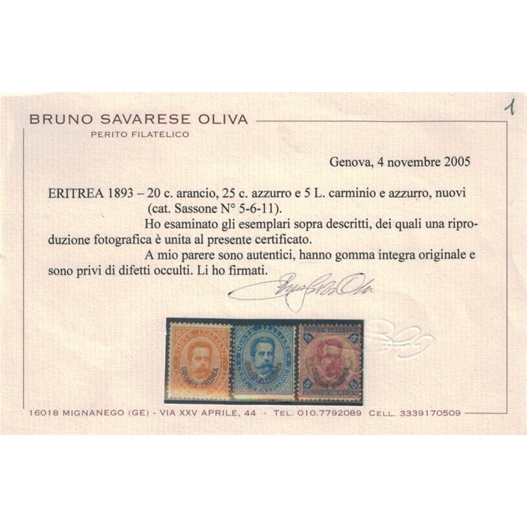 COLONIE ERITREA 1893 Serie ordinaria 11v MNH** ©