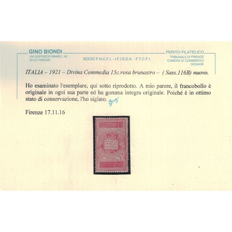 ITALIA REGNO 1921 Dante 15c rosa brunastro MNH** ©