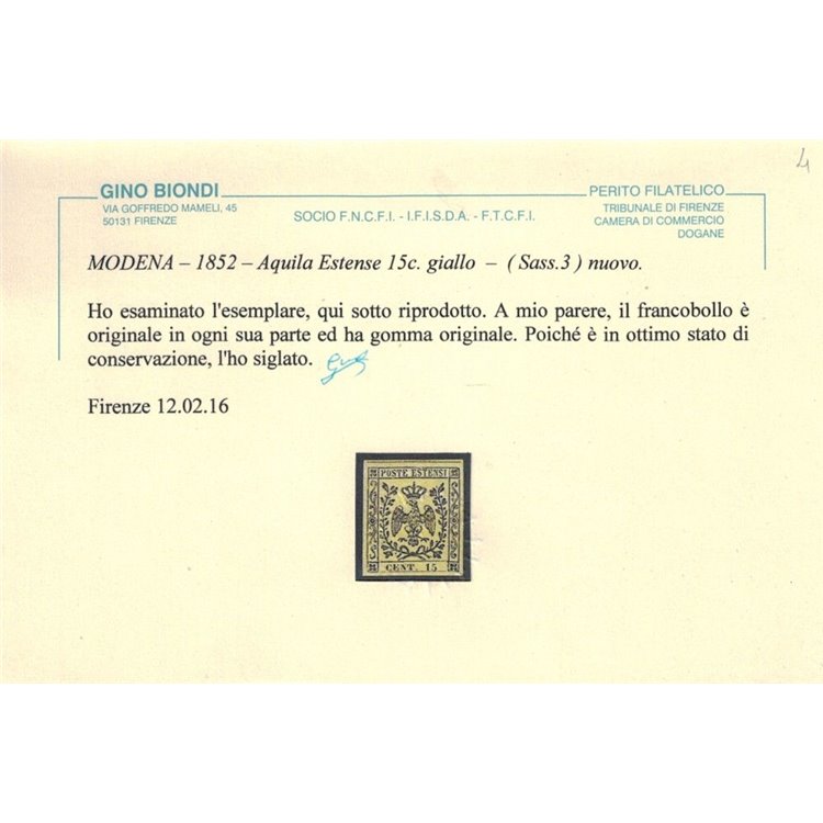 DUCATO DI MODENA 1852 Aquila estense 15c giallo MH* ©