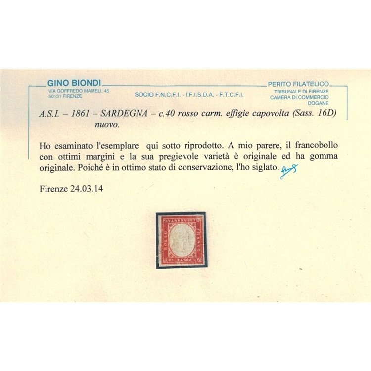 REGNO DI SARDEGNA 1861 Varietà 40c rosso, effigie capovolta MH* ©