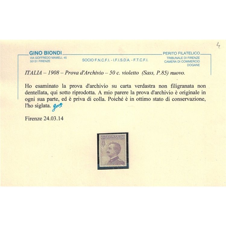 ITALIA REGNO 1908 Michetti, prova d'archivio del 50c violetto MNH** ©