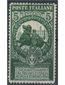 ITALIA REGNO 1911 Varietà 5c Unità d'Italia dentellato 13½ MH* ©
