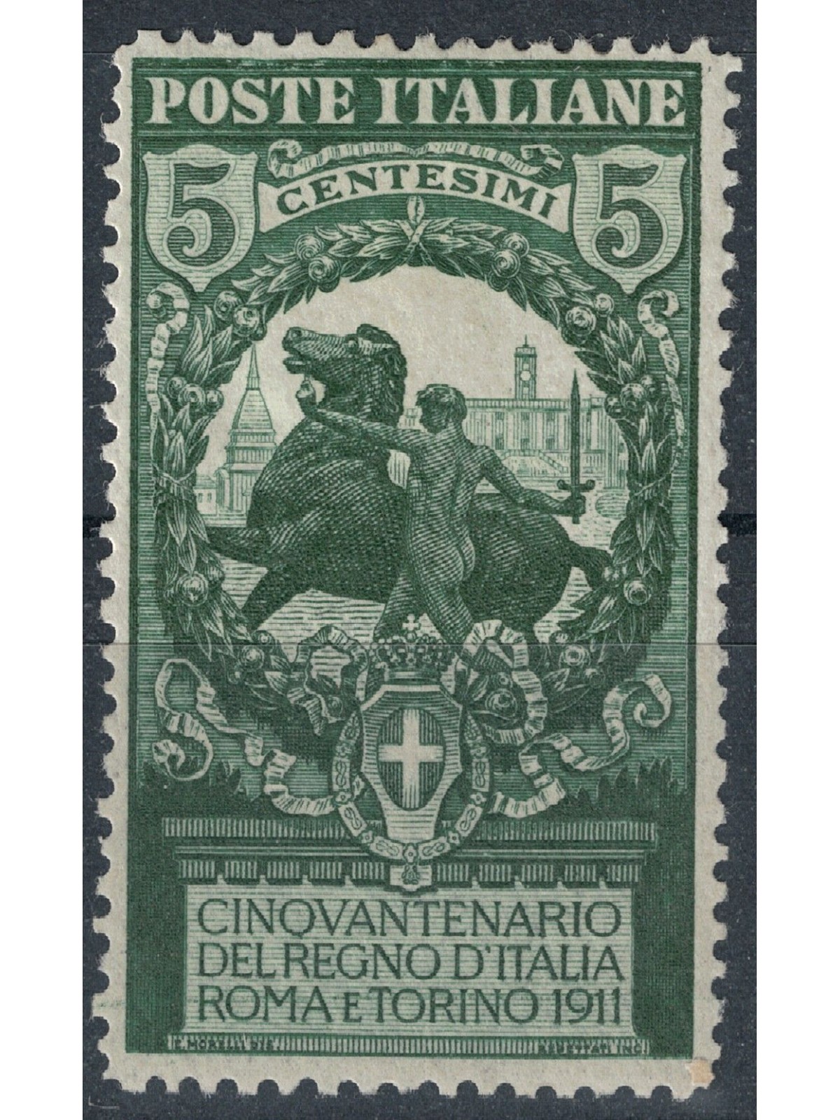 ITALIA REGNO 1911 Varietà 5c Unità d'Italia dentellato 13½ MH* ©
