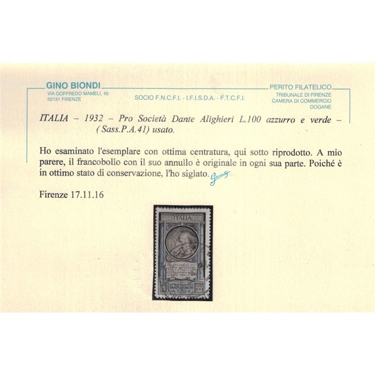 ITALIA REGNO 1932 Dante Alighieri 100₤ us ©