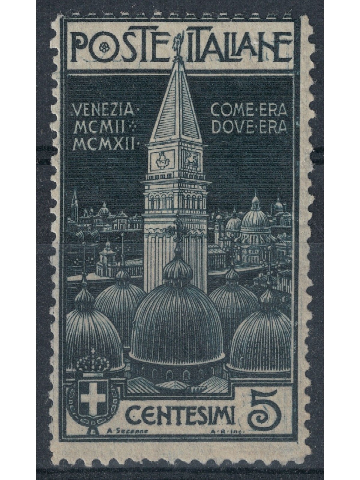 ITALY KINGDOM 1912 Variety 5c Bell Tower of Venice with double engraving MNH** ©