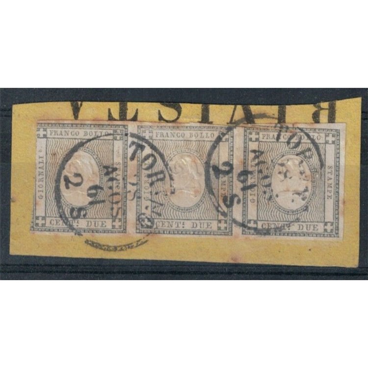 REGNO DI SARDEGNA 1861 Francobolli per stampati 2c su frammento (striscia di 3) ©