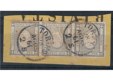 REGNO DI SARDEGNA 1861 Francobolli per stampati 2c su frammento (striscia di 3) ©