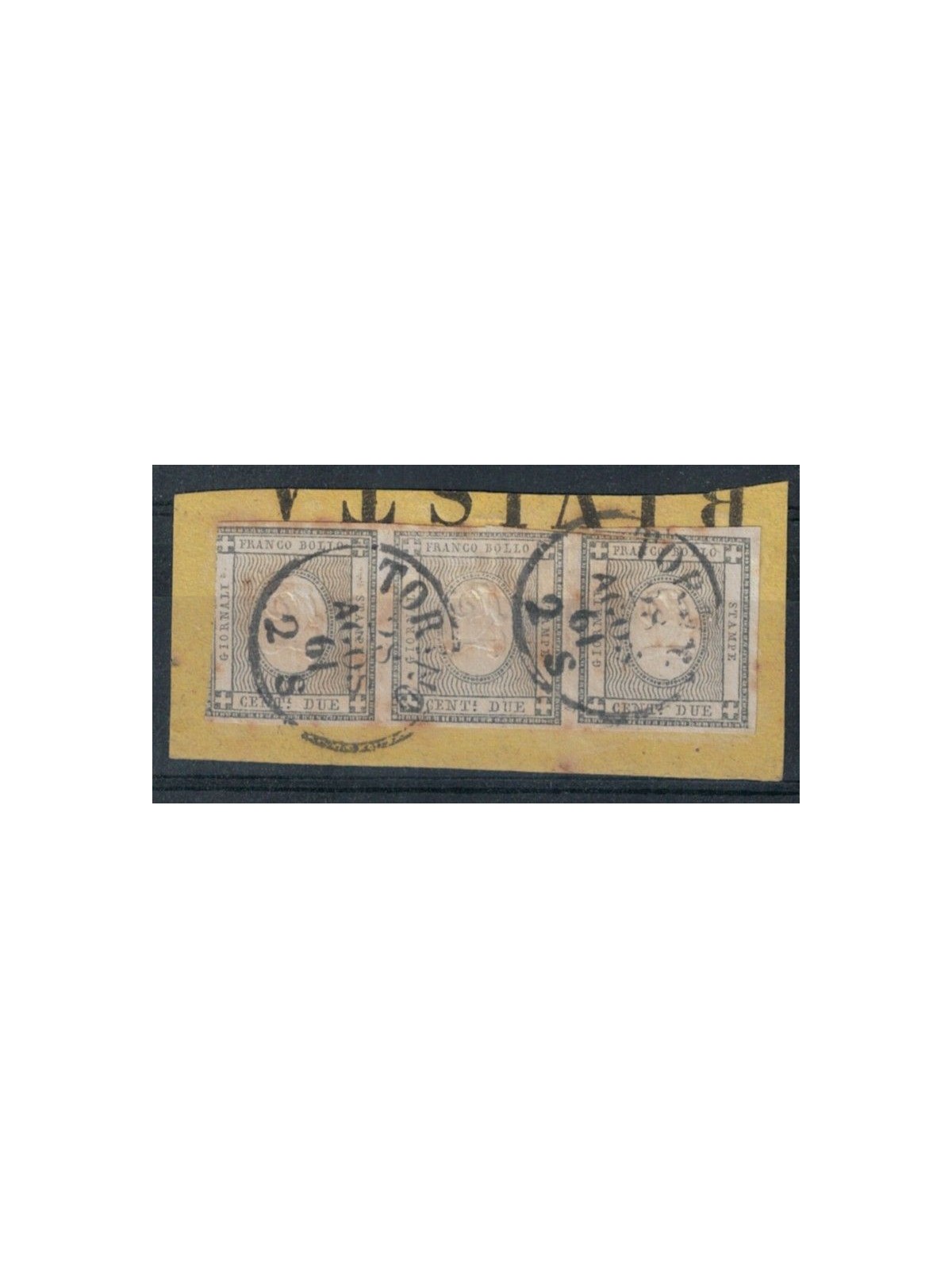 REGNO DI SARDEGNA 1861 Francobolli per stampati 2c su frammento (striscia di 3) ©