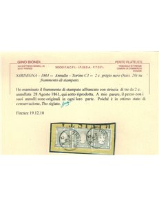 REGNO DI SARDEGNA 1861 Francobolli per stampati 2c su frammento (striscia di 3) ©