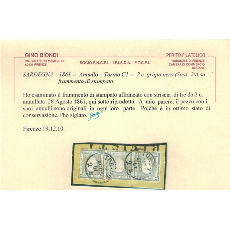 REGNO DI SARDEGNA 1861 Francobolli per stampati 2c su frammento (striscia di 3) ©