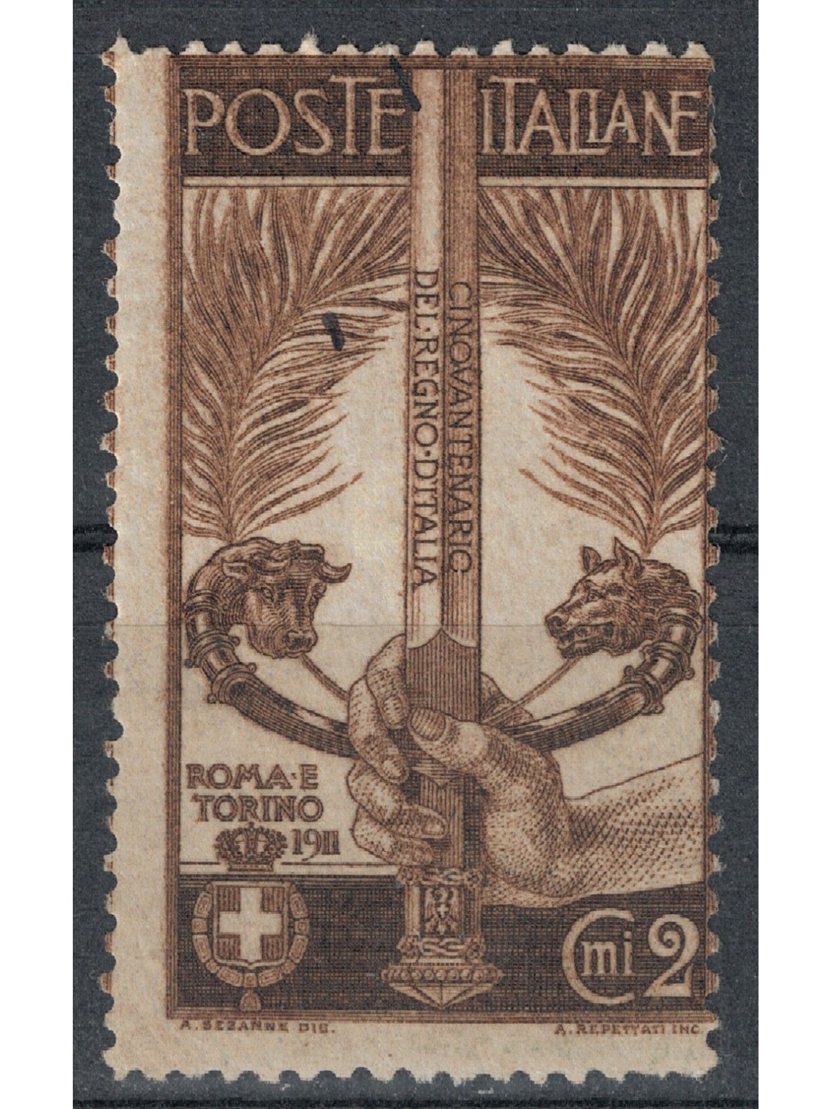 ITALIA REGNO 1911 Varietà 2c Unità d'Italia dentellato 13½ MH*