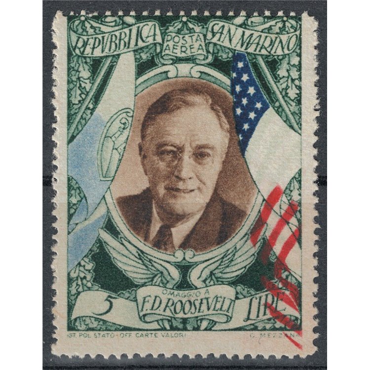 SAN MARINO 1947 Varietà 5£ Roosevelt (posta aerea) MNH** ©