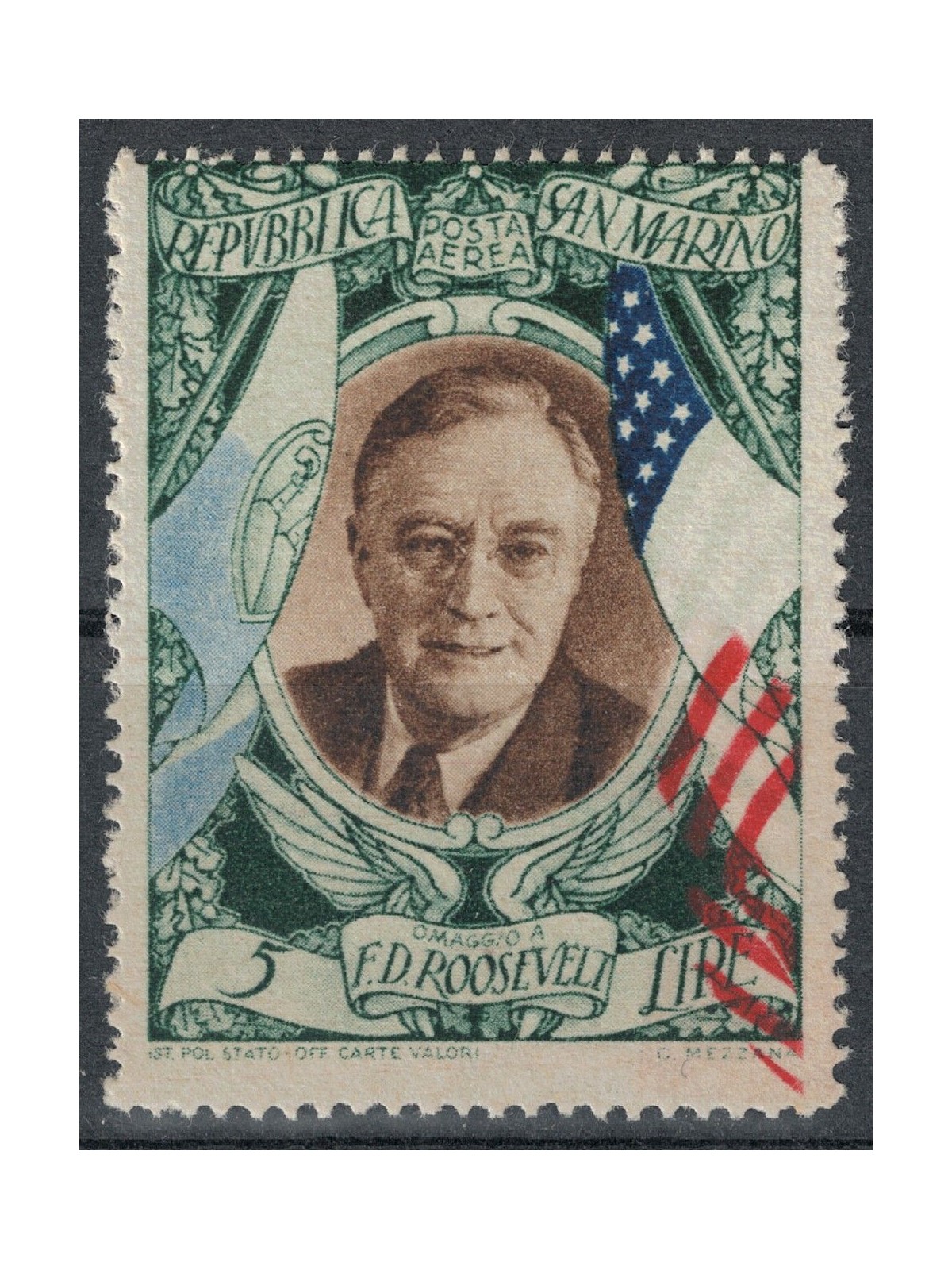 SAN MARINO 1947 Varietà 5£ Roosevelt (posta aerea) MNH** ©