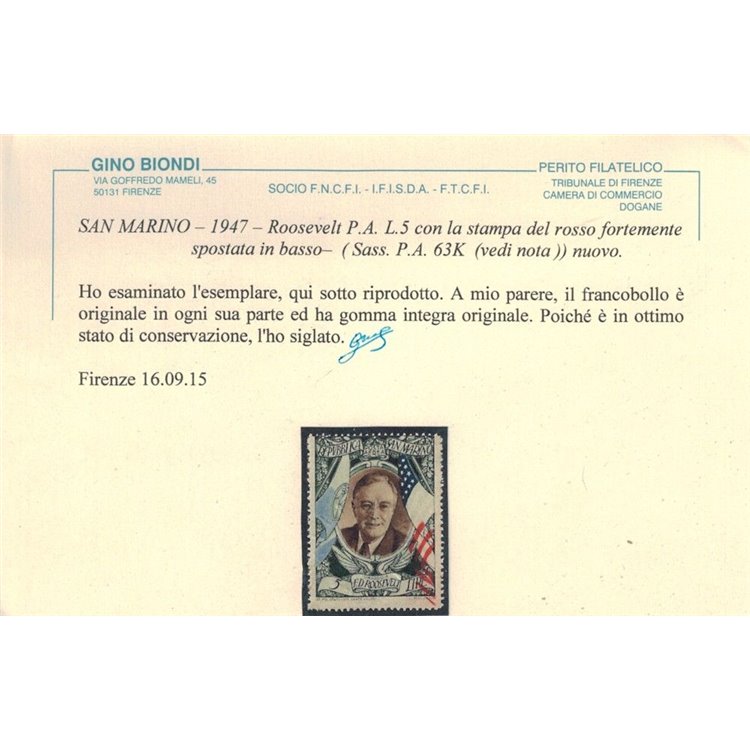 SAN MARINO 1947 Varietà 5₤ Roosevelt (posta aerea) MNH** ©