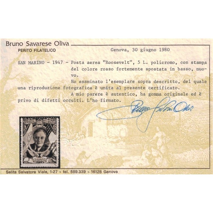 SAN MARINO 1947 Varietà 5₤ Roosevelt (posta aerea) MNH** ©
