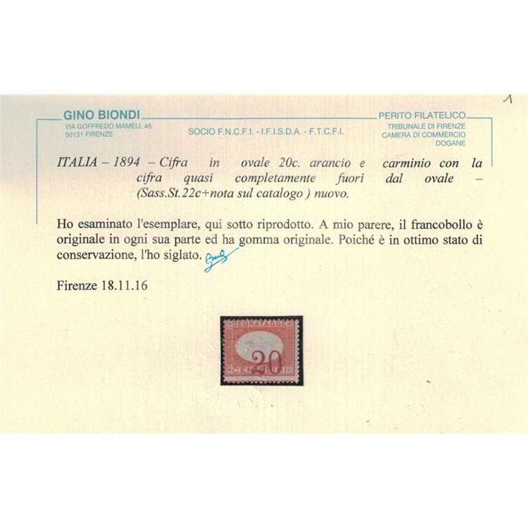ITALIA REGNO 1890-94 Varietà Segnatasse 20c (cifra spostata) MH* ©