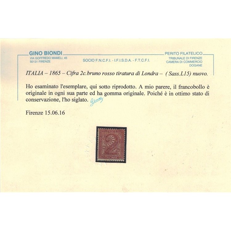 ITALIA REGNO 1863 De La Rue 2c mattone (Londra) MH* ©