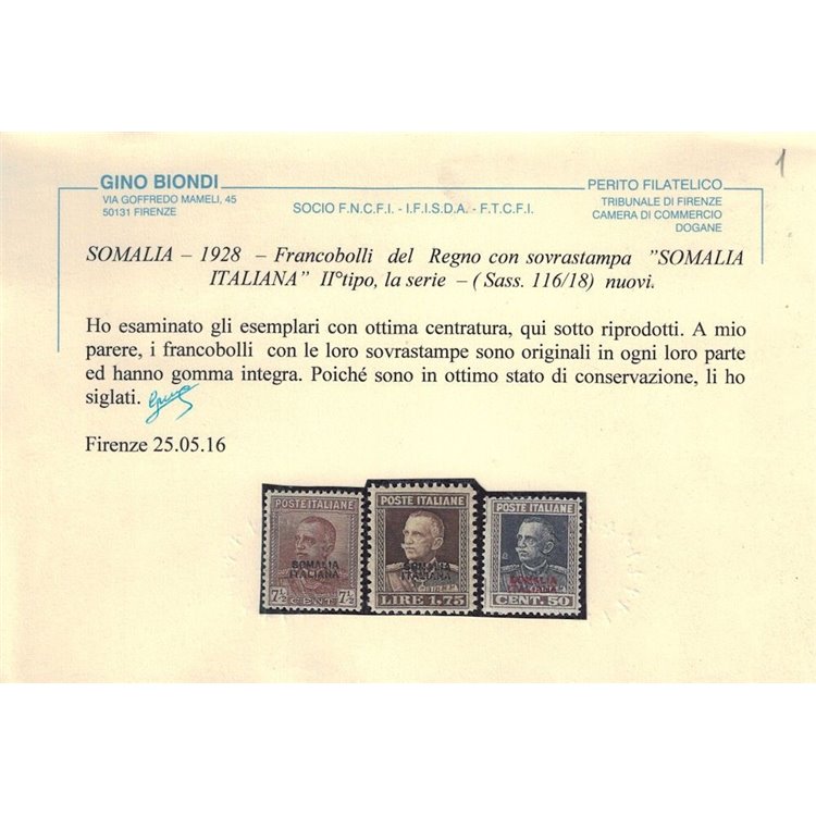 SOMALIA ITALIANA 1928-29 Tipo Parmeggiani 3v MNH** © (Lusso)