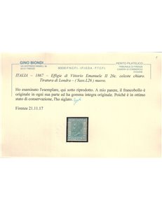 ITALIA REGNO 1867 20c azzurro (Londra) MNH** ©