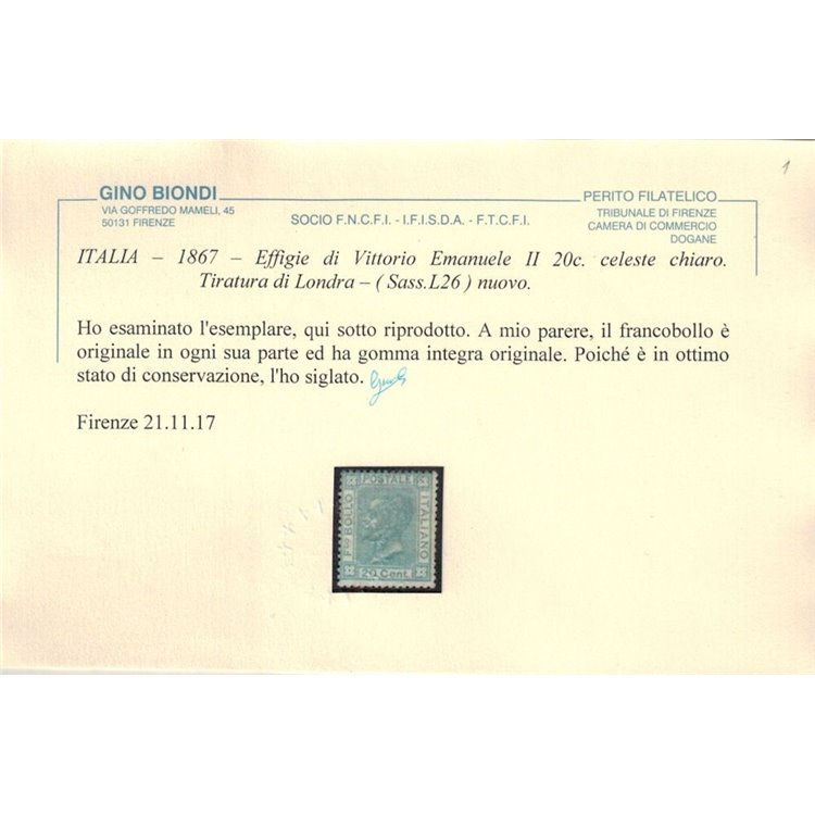 ITALIA REGNO 1867 20c azzurro (Londra) MNH** ©