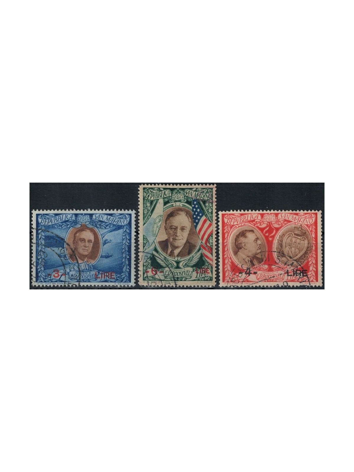 SAN MARINO 1947 Roosevelt overprinted (airmail) 3v us
