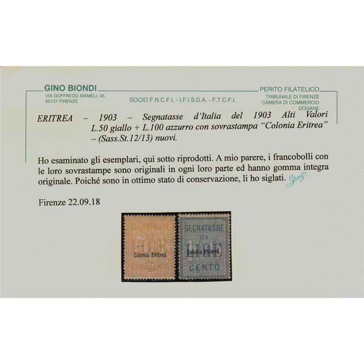 COLONIE ERITREA 1903 Segnatasse 2v MNH** ©