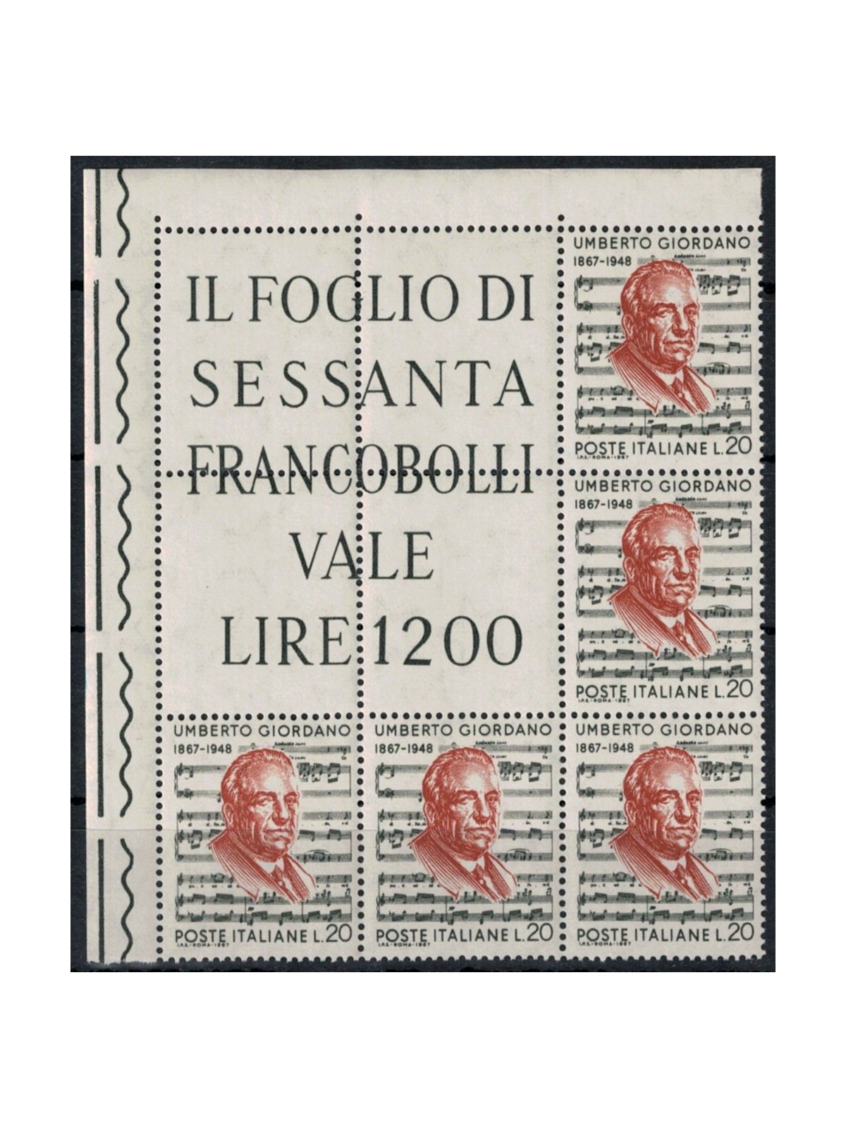 ITALIA 1967 Umberto Giordano, blocco angolare di 5 MNH**