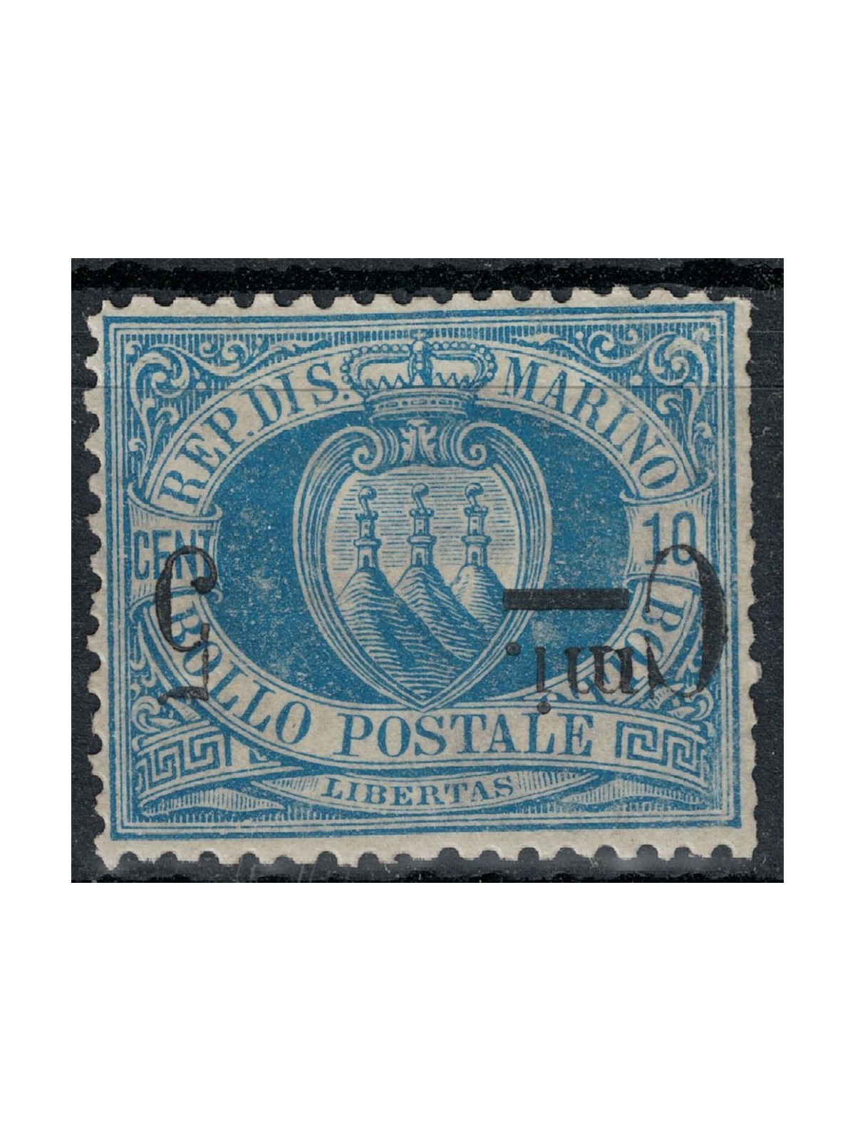 SAN MARINO 1892 Varietà 5c su 10c azzurro (soprast. capovolta) MH*