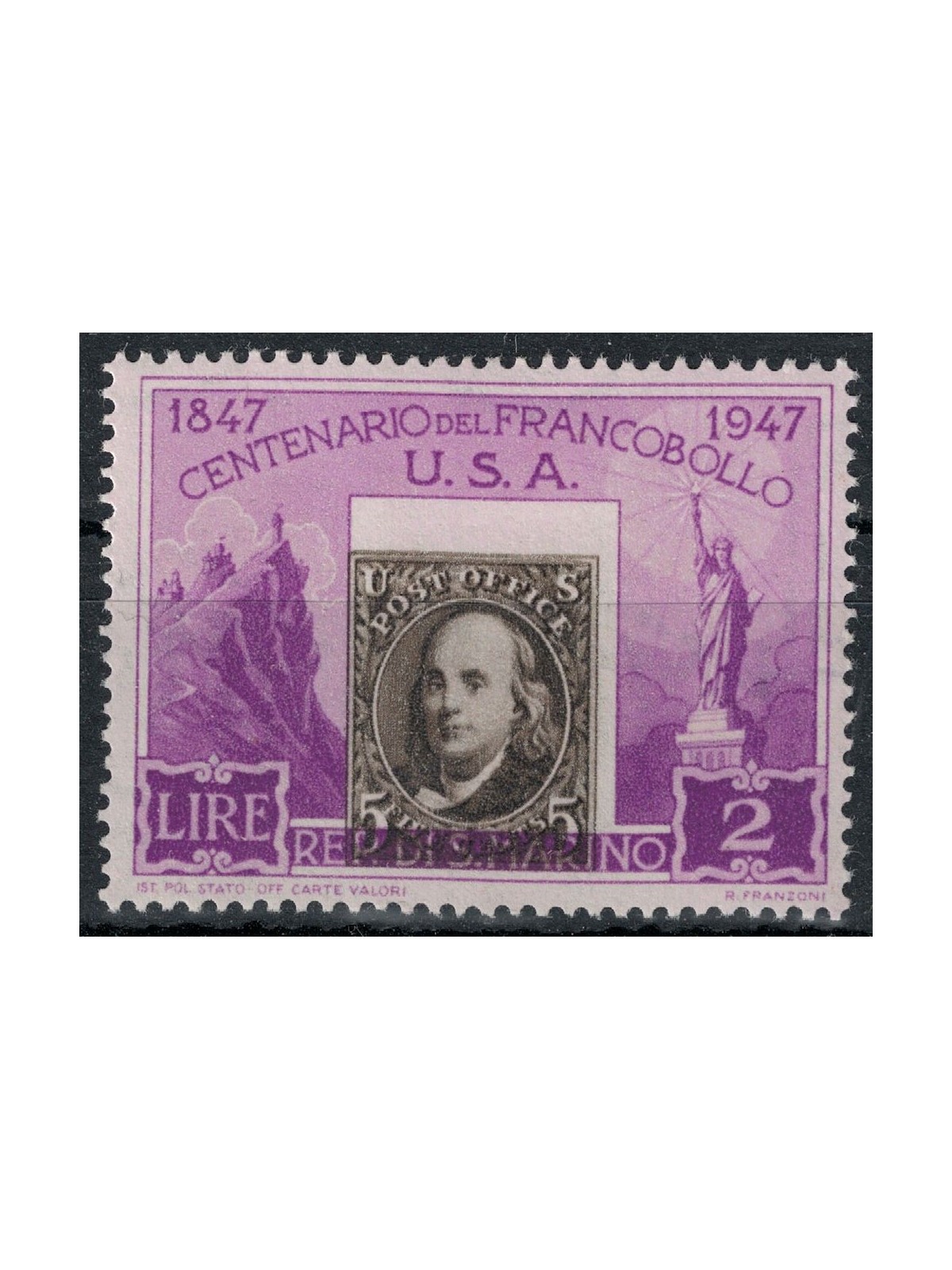 SAN MARINO 1947 Variety £2 US Postage Stamp (Center Moved) MH*