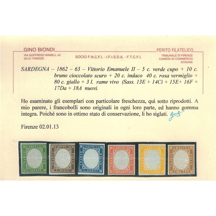 REGNO DI SARDEGNA 1855 Vittorio Emanuele II 6v MNH** ©