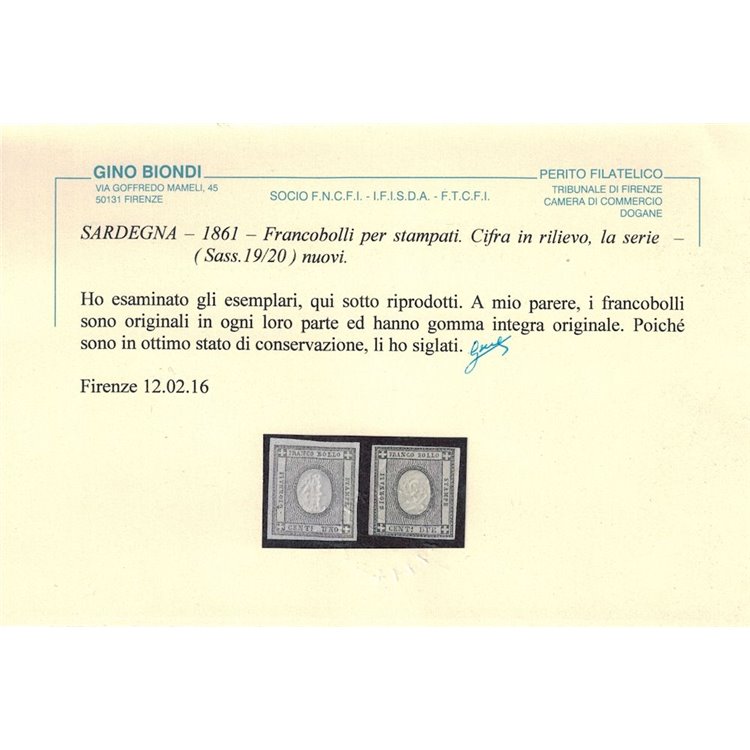 REGNO DI SARDEGNA 1861 Francobolli per stampati 2v MNH** ©