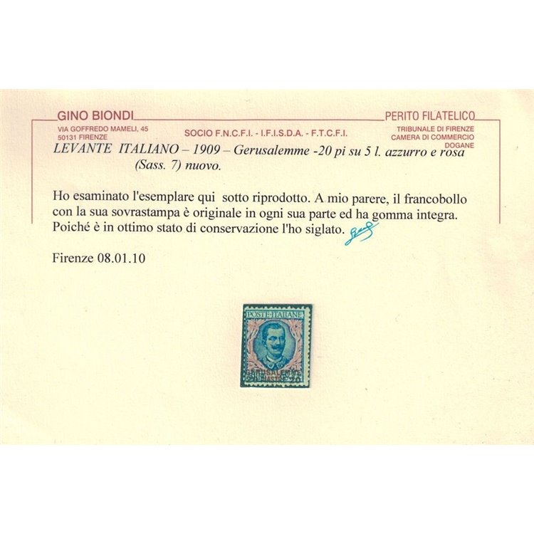LEVANTE (GERUSALEMME) 1909 20pi su 5₤ MNH** ©