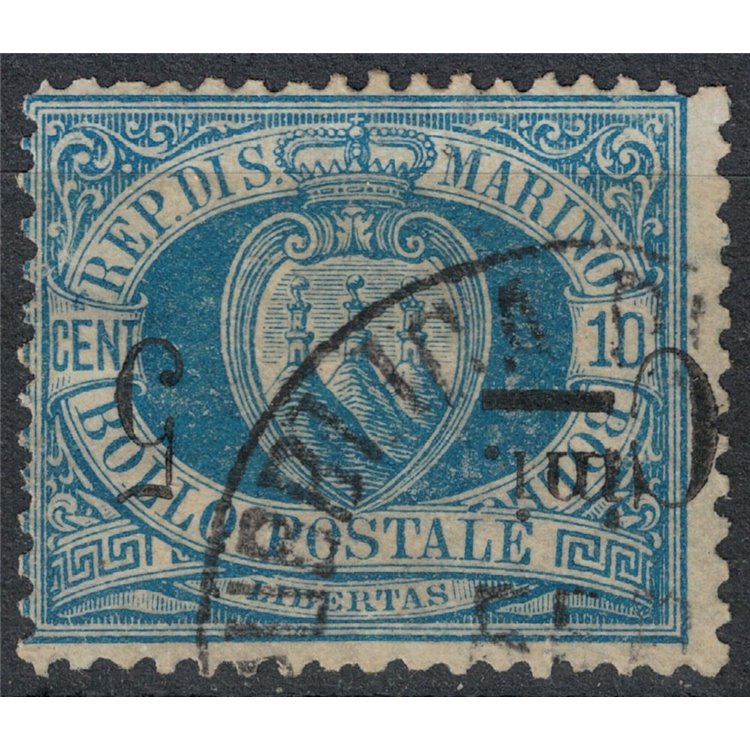 SAN MARINO 1892 Variety 5c on 10c blue (upside down) us