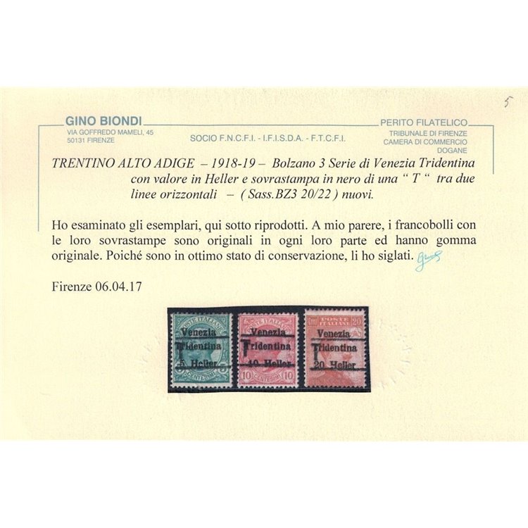 TRENTINO (BZ3) 1918-19 Venezia Tridentina (T senza cifra) 3v MH* ©