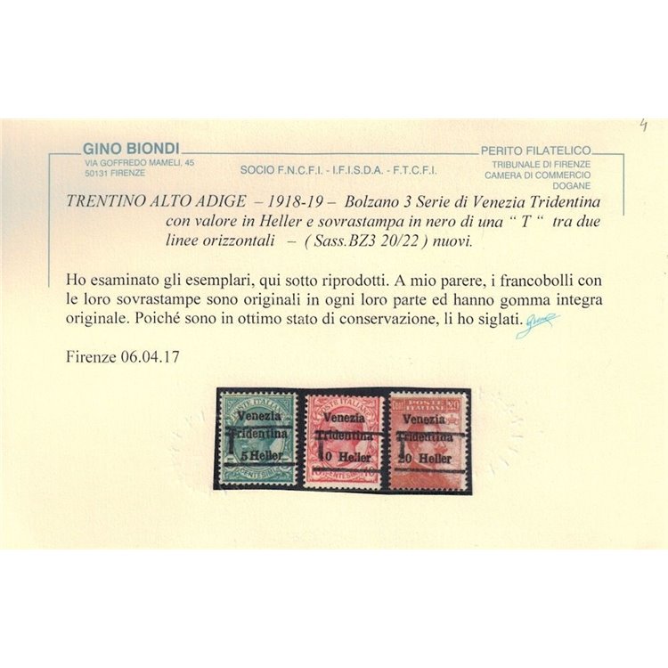 TRENTINO (BZ3) 1918-19 Venezia Tridentina (T senza cifra) 3v MNH** ©